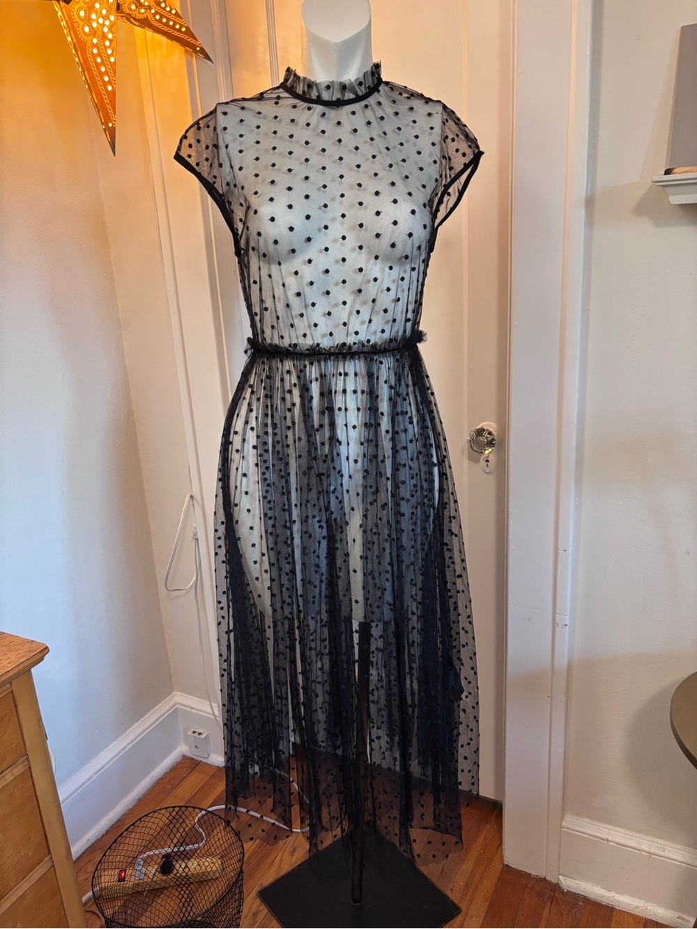 NWT AllSaints Black Sheer Polka-Dot Midi Dress